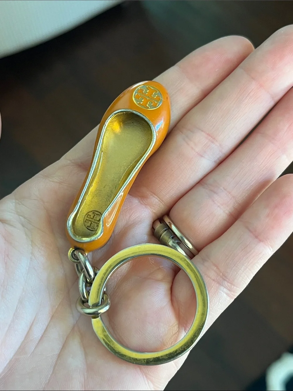 Tory Burch Orange Enamel Ballet Flat Keyring with Gold Logo